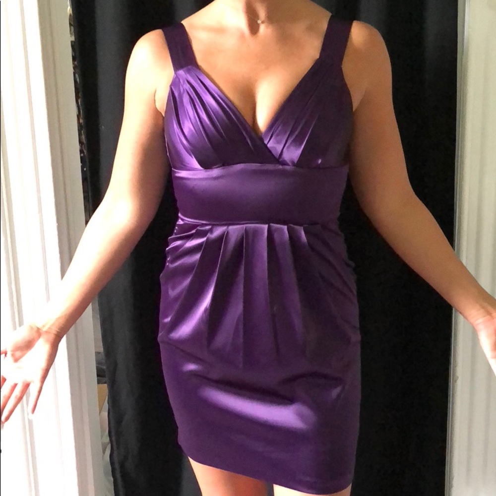 Purple satin cocktail dress with pockets